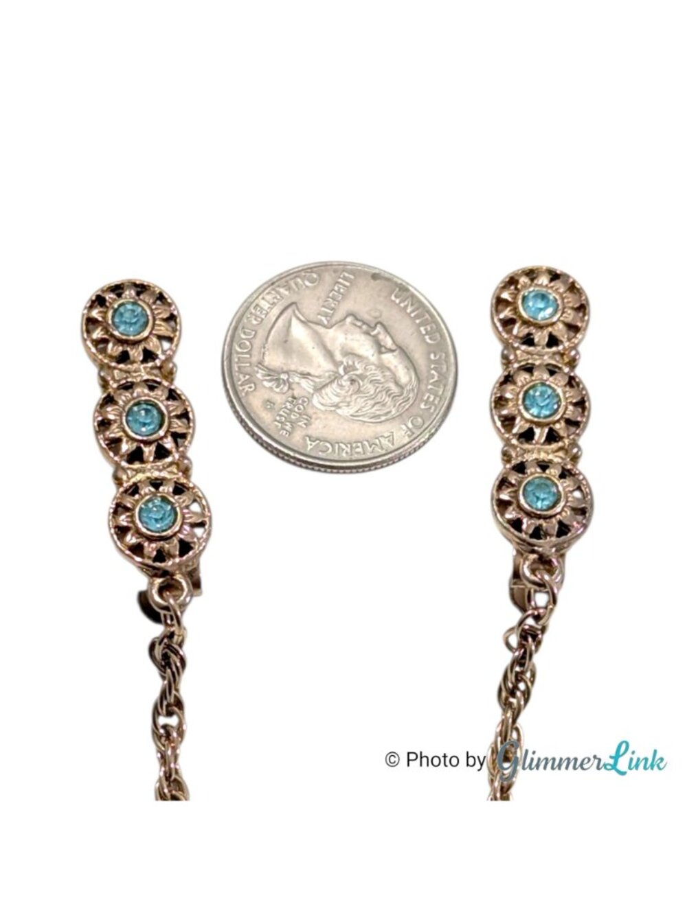 Vintage Gold Tone Blue Rhinestone Floral Sweater Guard Clips 8 3/4" - Picture 3 of 10
